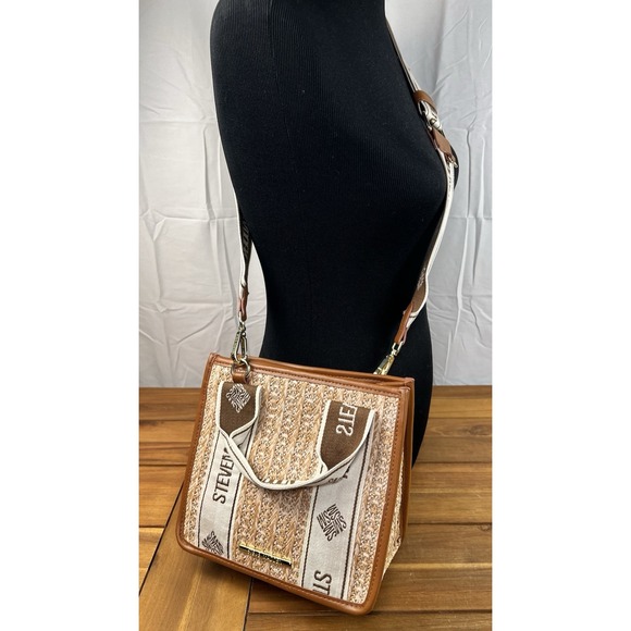 Steve Madden Bwebber Straw Satchel Crossbody Bag Tan Purse Mini Adjustable EUC - Picture 1 of 7